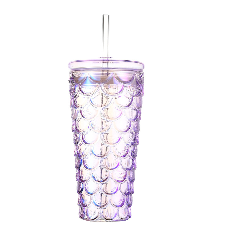 Pahar din sticlă borosilicat cu capac și pai, rezistent la temperaturi înalte, capacitate mare, model colorat cu solzi de pește