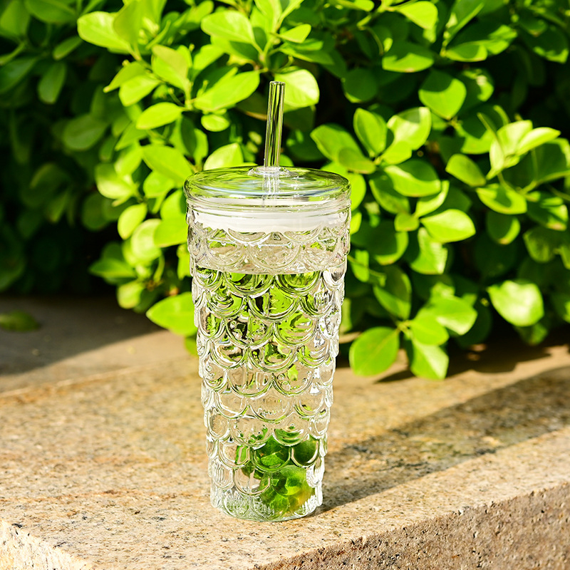 Pahar din sticlă borosilicat cu capac și pai, rezistent la temperaturi înalte, capacitate mare, model colorat cu solzi de pește