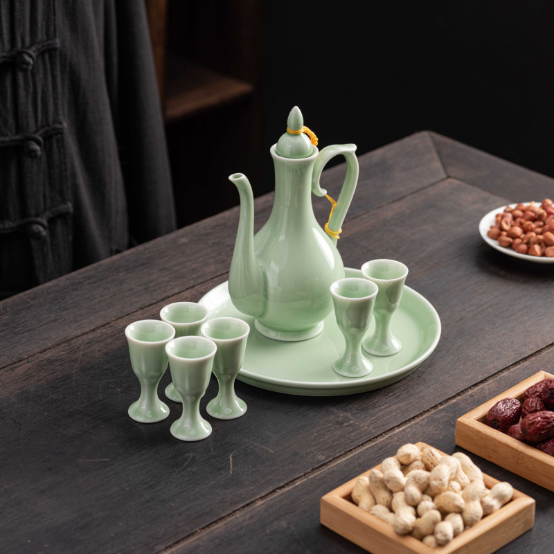 Vas ceramic de vin în stil chinezesc, design vintage, 10 ml pahar înalt cu suport și pahare mini