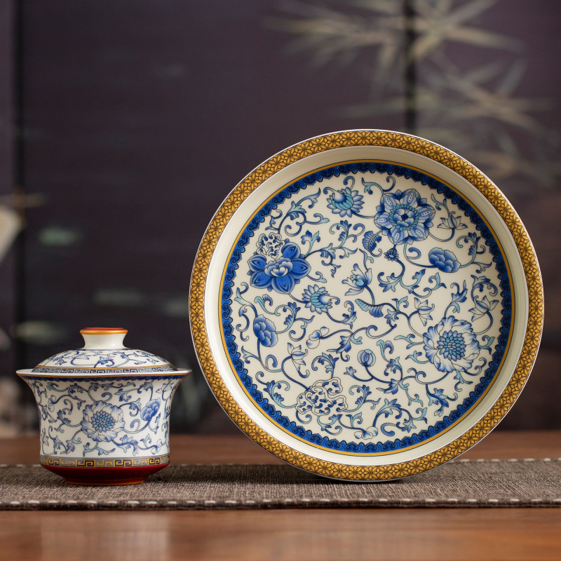 Kék-fehér porcelán fedeles teáscsésze, hőálló, prémium teás készlet