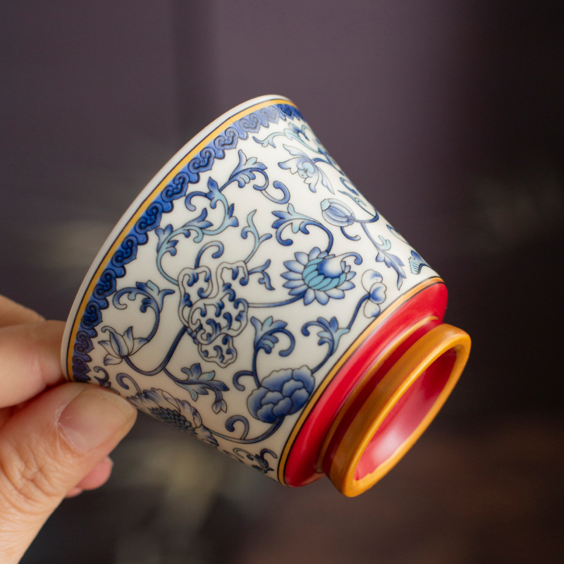 Kék-fehér porcelán fedeles teáscsésze, hőálló, prémium teás készlet