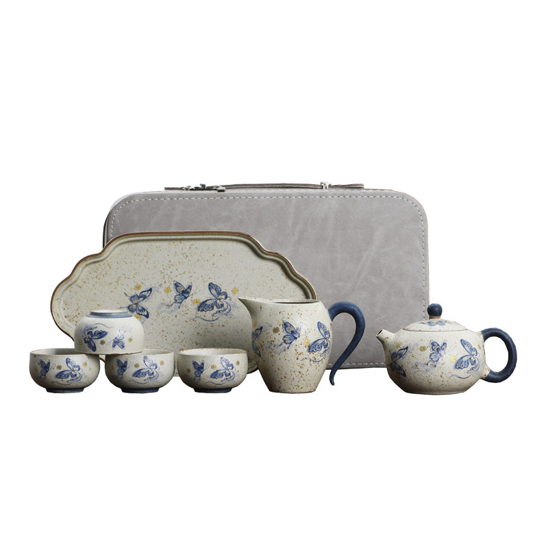 Cloud Butterfly Set Gongfu de ceai din ceramică albastru-alb, cu accente roșii, pentru călătorii și camping, lux ușor