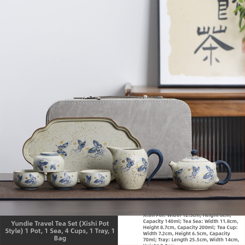 Cloud Butterfly Set Gongfu de ceai din ceramică albastru-alb, cu accente roșii, pentru călătorii și camping, lux ușor