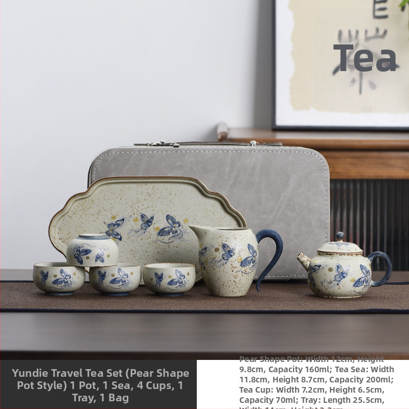 Cloud Butterfly Set Gongfu de ceai din ceramică albastru-alb, cu accente roșii, pentru călătorii și camping, lux ușor