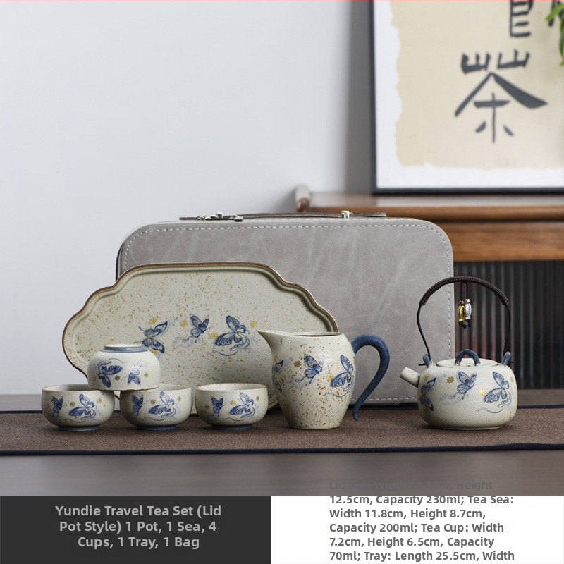 Cloud Butterfly Set Gongfu de ceai din ceramică albastru-alb, cu accente roșii, pentru călătorii și camping, lux ușor