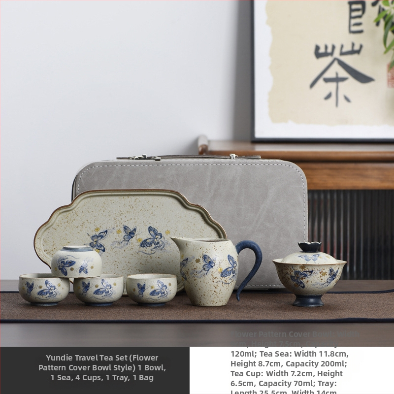 Cloud Butterfly Set Gongfu de ceai din ceramică albastru-alb, cu accente roșii, pentru călătorii și camping, lux ușor