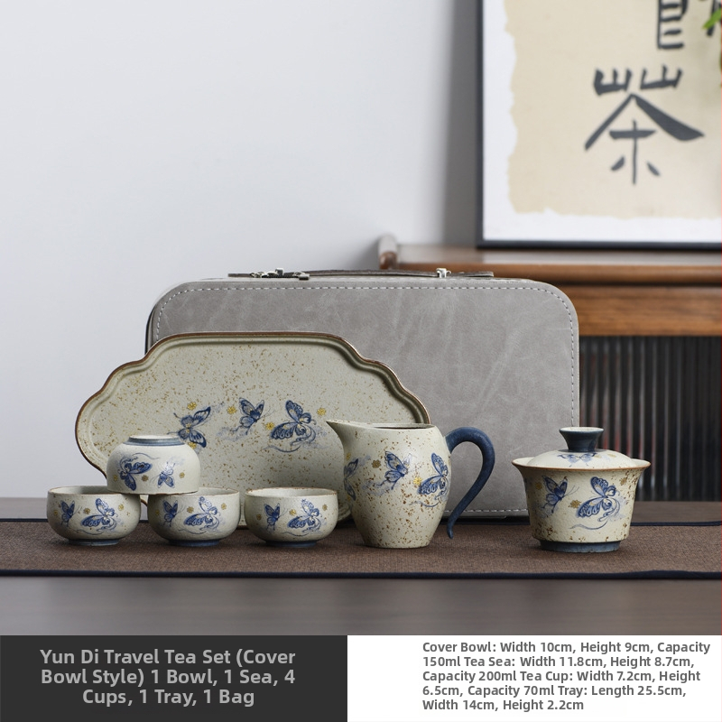 Cloud Butterfly Set Gongfu de ceai din ceramică albastru-alb, cu accente roșii, pentru călătorii și camping, lux ușor