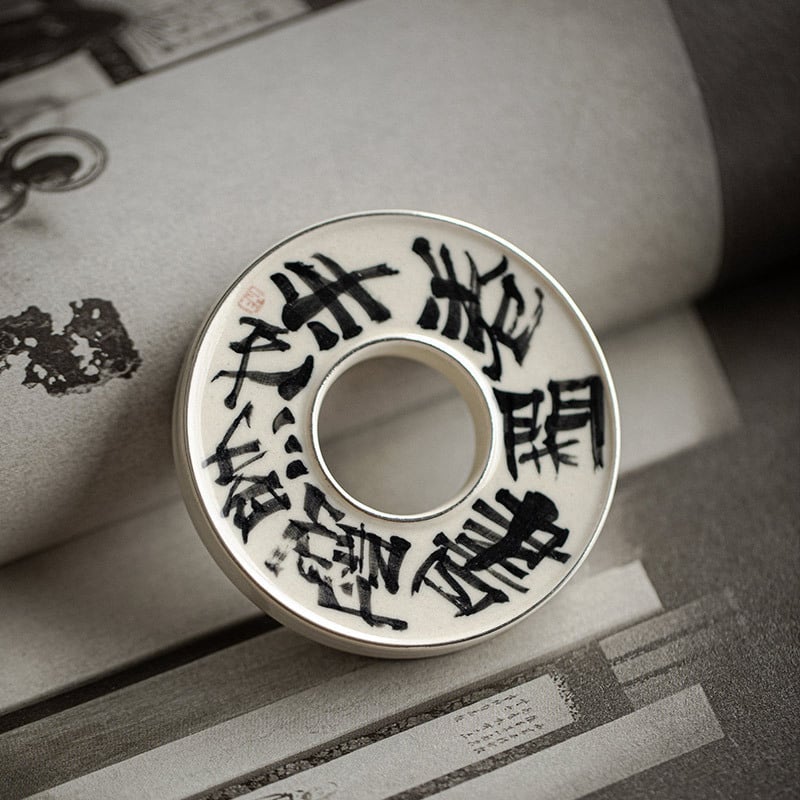 Suport ceramic pentru capac, pictură manuală cu poezie, accesoriu vintage pentru ceremonia de ceai gongfu