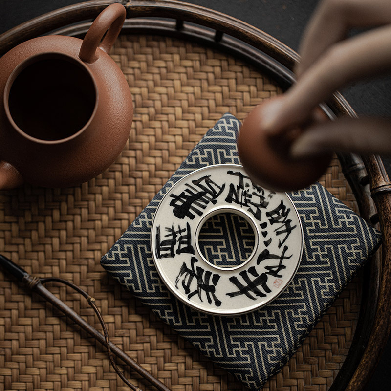 Suport ceramic pentru capac, pictură manuală cu poezie, accesoriu vintage pentru ceremonia de ceai gongfu
