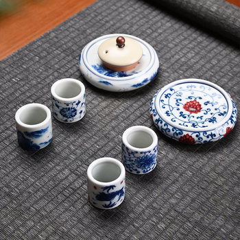 Accesorii pentru ceremonia ceaiului din porțelan bleu-albastru: suport ceramic pentru cești, suport pentru ceainic, tavă pentru ceai, covoraș termic pentru ceai, set retro Kung Fu pentru ceai