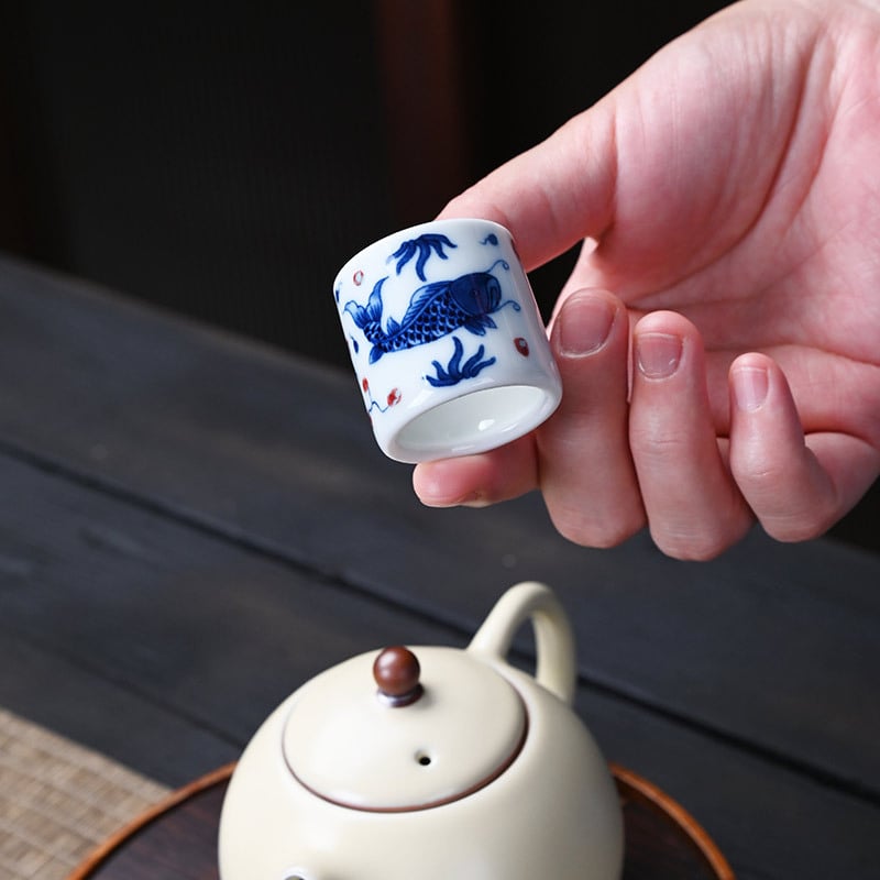 Accesorii pentru ceremonia ceaiului din porțelan bleu-albastru: suport ceramic pentru cești, suport pentru ceainic, tavă pentru ceai, covoraș termic pentru ceai, set retro Kung Fu pentru ceai