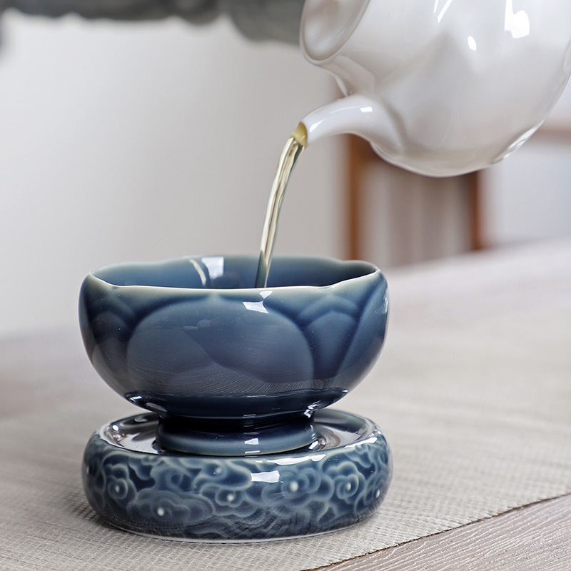 Set ceramic capac de ceainic și suporturi pentru cești cu design relief chinezesc retro pentru ceremonia ceaiului, suport izolant termic