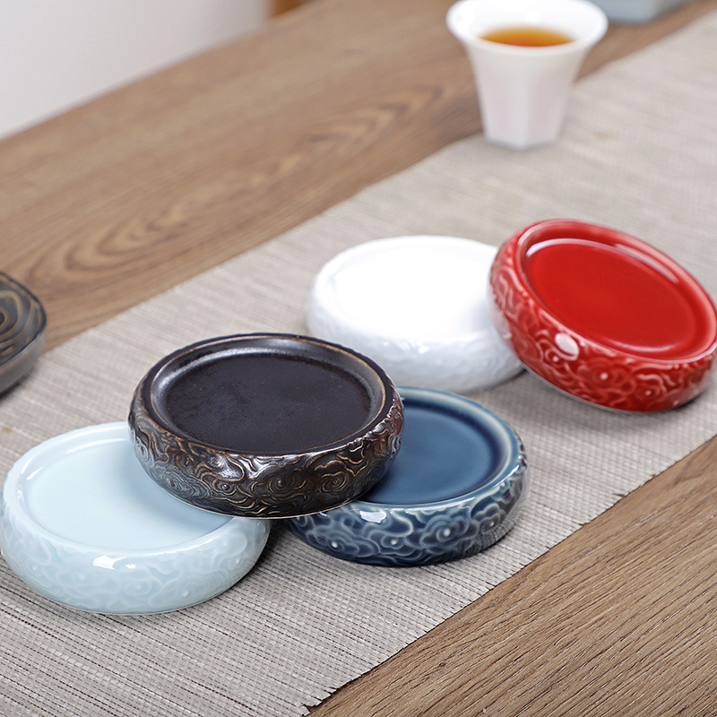 Set ceramic capac de ceainic și suporturi pentru cești cu design relief chinezesc retro pentru ceremonia ceaiului, suport izolant termic