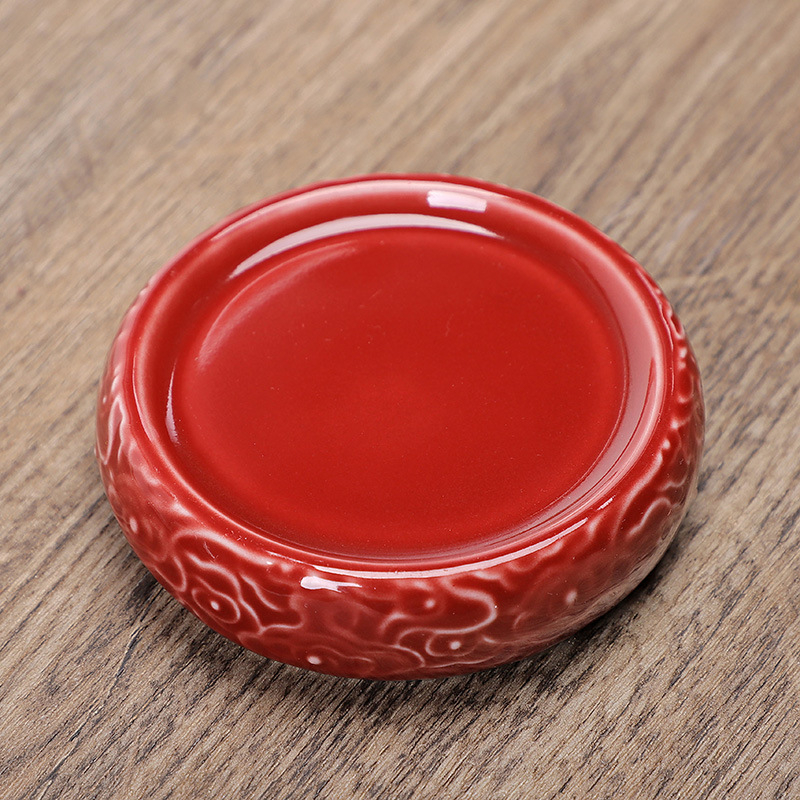 Set ceramic capac de ceainic și suporturi pentru cești cu design relief chinezesc retro pentru ceremonia ceaiului, suport izolant termic