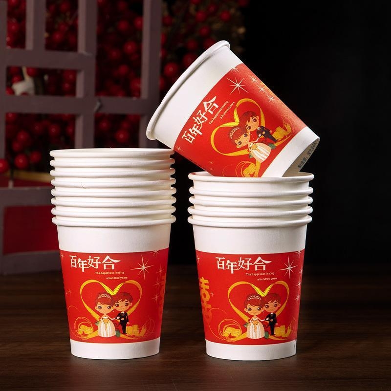 Cupe de hârtie pentru nuntă, de unică folosință, groase, roșii, pentru ceai și apă, set de accesorii pentru nuntă