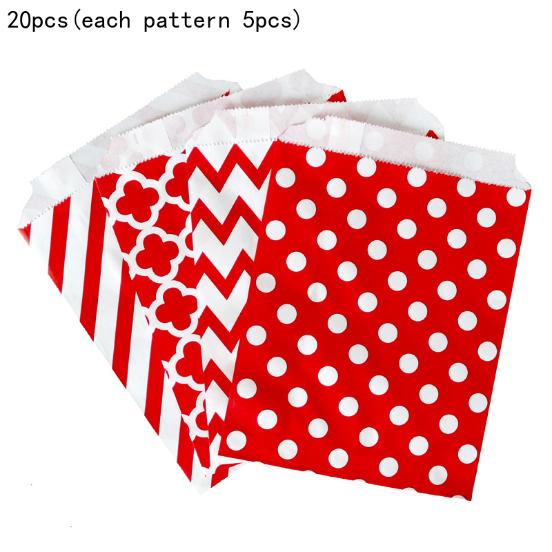 Set de pungi din hârtie Kraft 13×18 cm, cu modele trifoi cu patru foi, buline și valuri, pentru ambalare cadouri, fursecuri și bomboane; 20 de bucăți pe pachet, 4 modele, câte 5 bucăți fiecare
