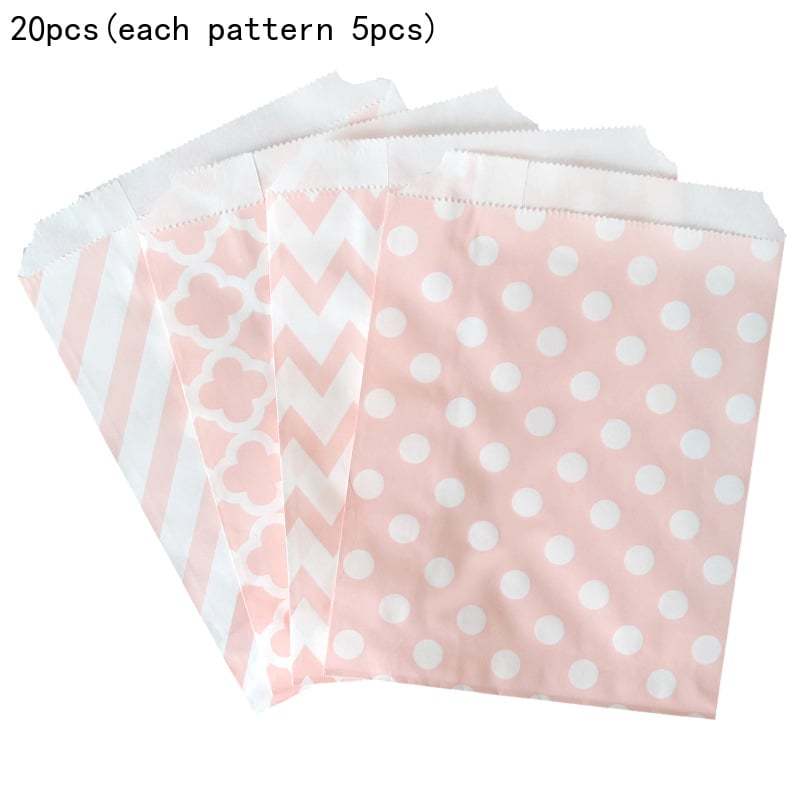 Set de pungi din hârtie Kraft 13×18 cm, cu modele trifoi cu patru foi, buline și valuri, pentru ambalare cadouri, fursecuri și bomboane; 20 de bucăți pe pachet, 4 modele, câte 5 bucăți fiecare
