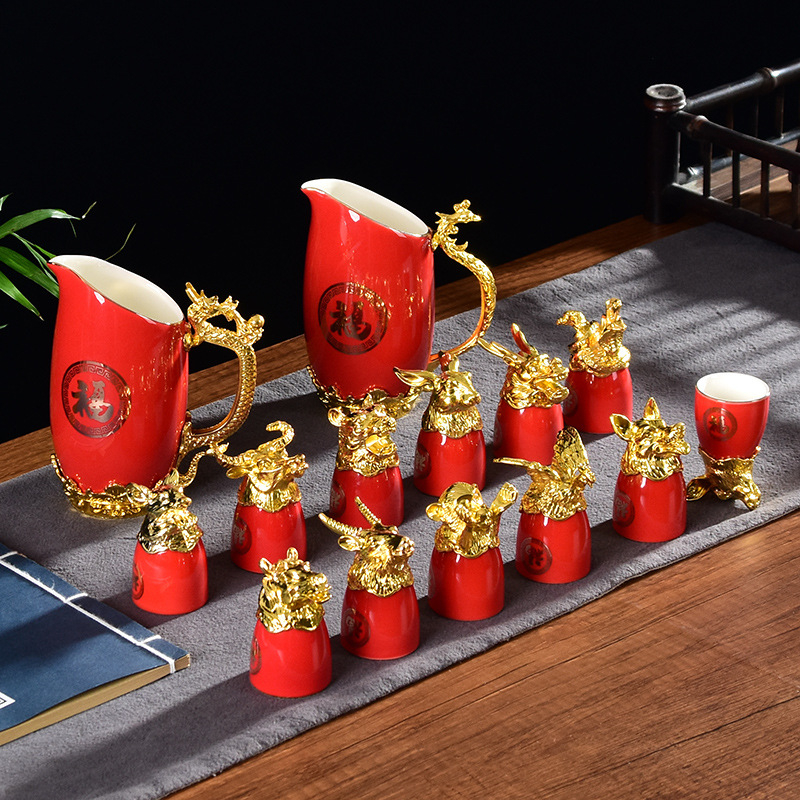 Dragon și Fenix: set ceramic pentru vin cu două decantoare și pahare, douăsprezece semne ale zodiacului, cutie cadou, cultură zodiacală