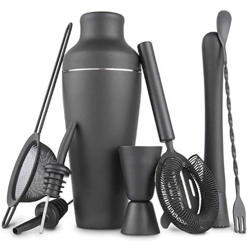 Set de 8 piese din oțel inoxidabil mat negru – shaker pentru cocktailuri, instrumente de bar în stil franțuzesc, set complet