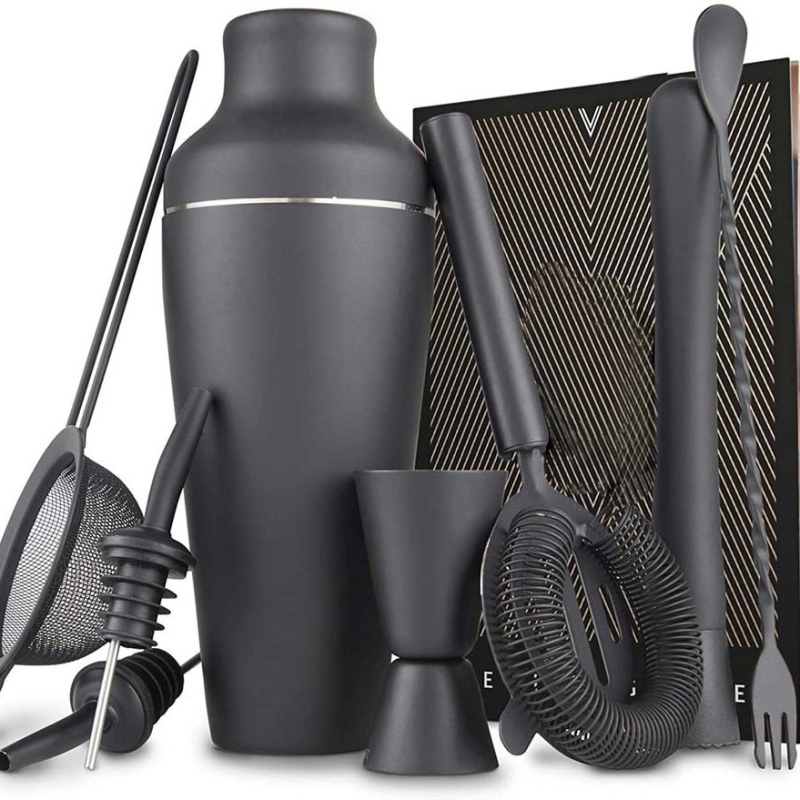 Set de 8 piese din oțel inoxidabil mat negru – shaker pentru cocktailuri, instrumente de bar în stil franțuzesc, set complet