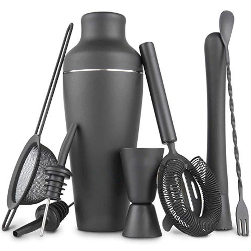 Set de 8 piese din oțel inoxidabil mat negru – shaker pentru cocktailuri, instrumente de bar în stil franțuzesc, set complet