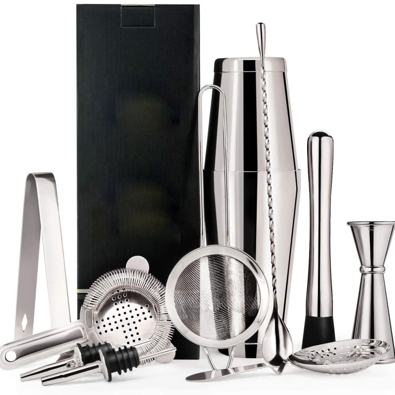 Set de 8 piese din oțel inoxidabil mat negru – shaker pentru cocktailuri, instrumente de bar în stil franțuzesc, set complet
