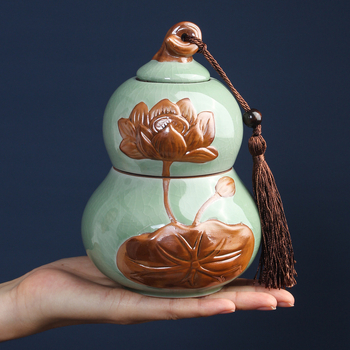 Recipient ceramic pentru ceai în stil Ru/Ge, formă de dovleac, sigilat, glazură crăpată, ambalaj cadou mare, imprimare logo disponibil