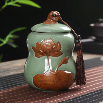 Recipient ceramic pentru ceai în stil Ru/Ge, formă de dovleac, sigilat, glazură crăpată, ambalaj cadou mare, imprimare logo disponibil
