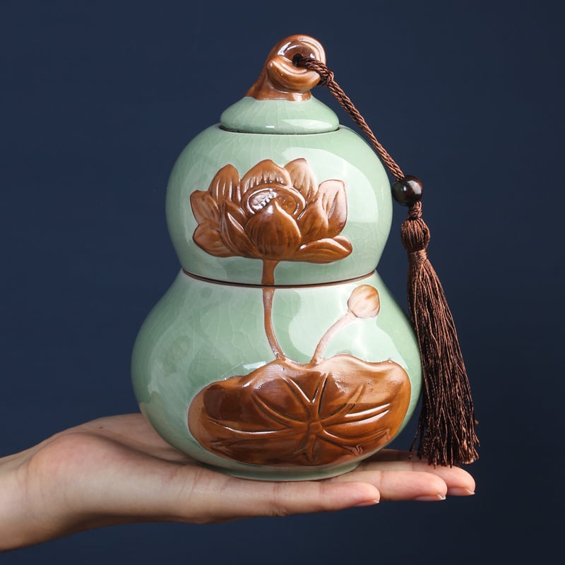 Recipient ceramic pentru ceai în stil Ru/Ge, formă de dovleac, sigilat, glazură crăpată, ambalaj cadou mare, imprimare logo disponibil