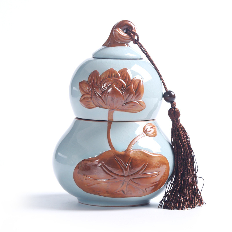 Recipient ceramic pentru ceai în stil Ru/Ge, formă de dovleac, sigilat, glazură crăpată, ambalaj cadou mare, imprimare logo disponibil
