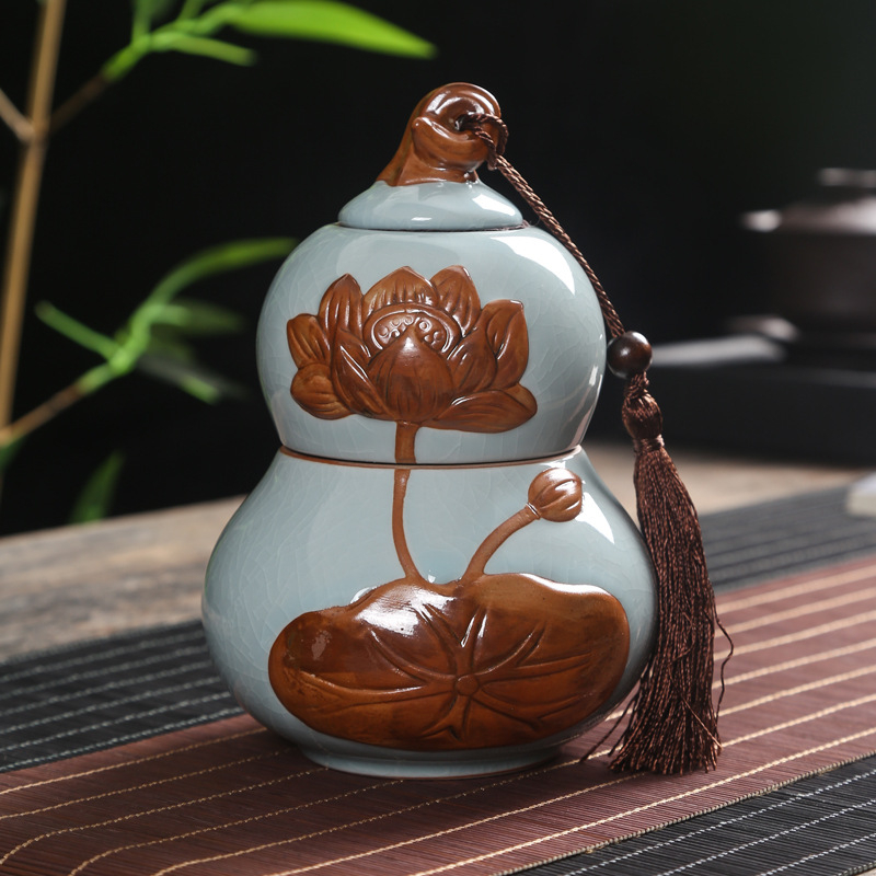 Recipient ceramic pentru ceai în stil Ru/Ge, formă de dovleac, sigilat, glazură crăpată, ambalaj cadou mare, imprimare logo disponibil