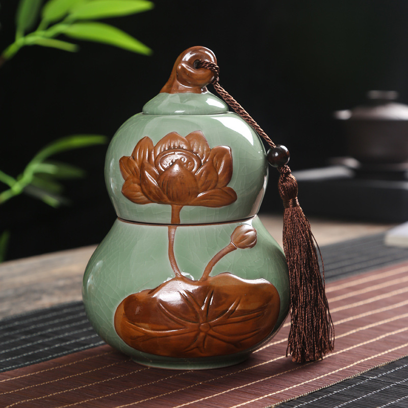 Recipient ceramic pentru ceai în stil Ru/Ge, formă de dovleac, sigilat, glazură crăpată, ambalaj cadou mare, imprimare logo disponibil