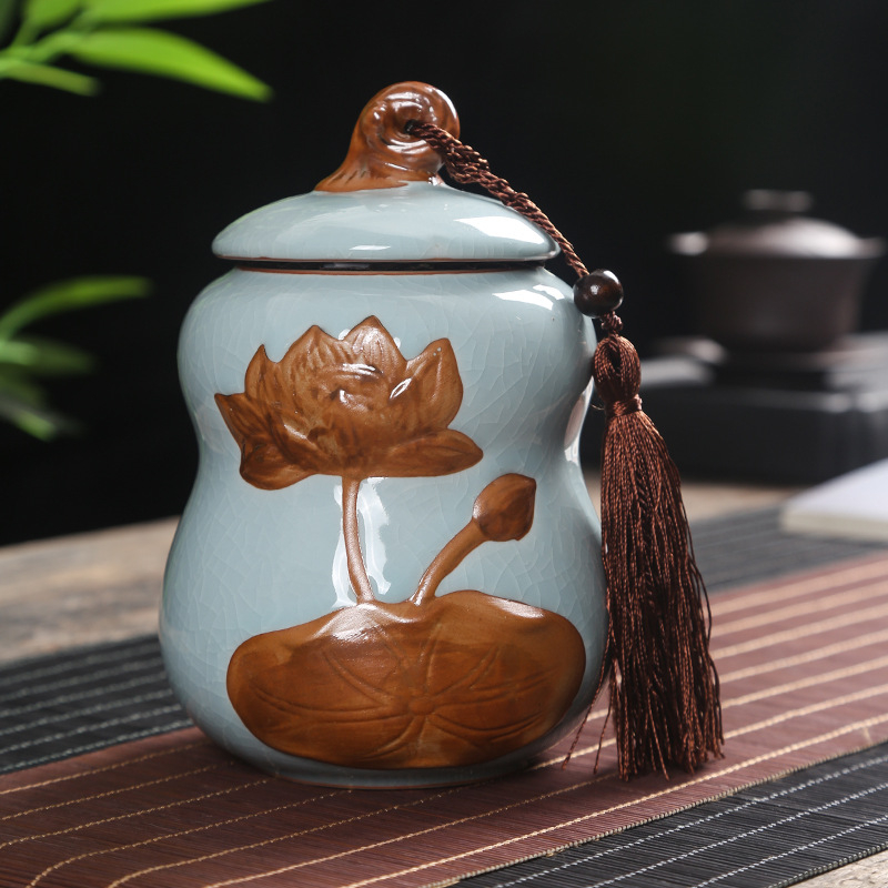 Recipient ceramic pentru ceai în stil Ru/Ge, formă de dovleac, sigilat, glazură crăpată, ambalaj cadou mare, imprimare logo disponibil