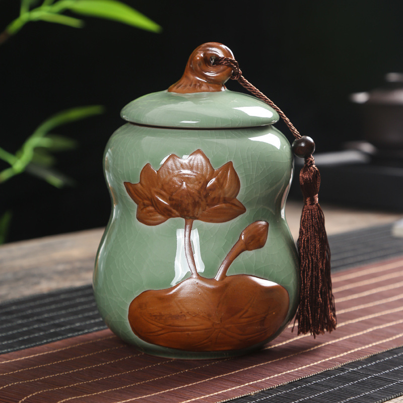 Recipient ceramic pentru ceai în stil Ru/Ge, formă de dovleac, sigilat, glazură crăpată, ambalaj cadou mare, imprimare logo disponibil