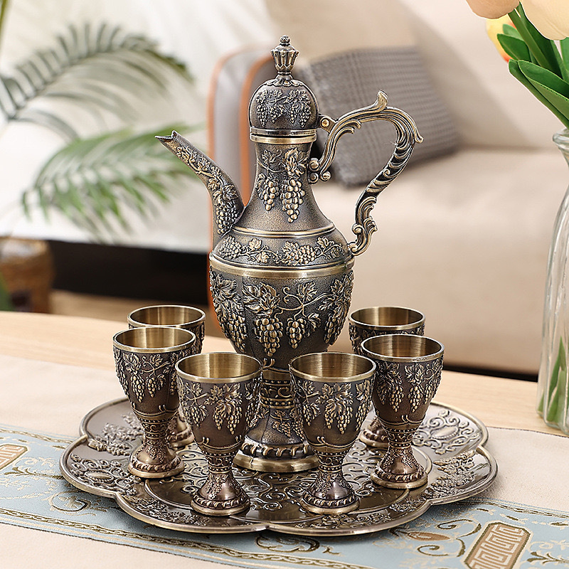 Set european metal pentru băuturi, cu decantor vintage pentru lichior și pahare elegante de vin, cadou de nuntă decorativ