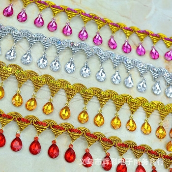Dantelă cu pietre în formă de lacrimă, franjuri pentru costume de dans, margine decorativă, lățime 4,5 cm, lungime 9 m