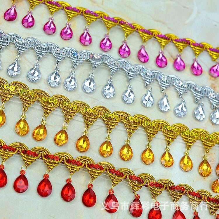 Dantelă cu pietre în formă de lacrimă, franjuri pentru costume de dans, margine decorativă, lățime 4,5 cm, lungime 9 m