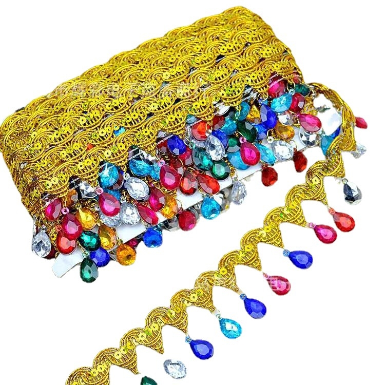 Dantelă cu pietre în formă de lacrimă, franjuri pentru costume de dans, margine decorativă, lățime 4,5 cm, lungime 9 m