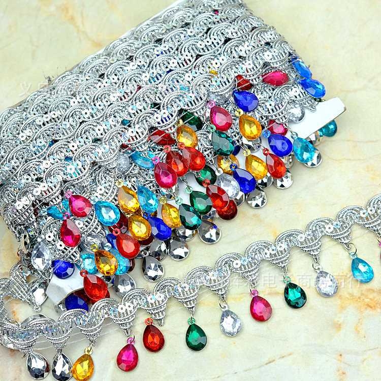 Dantelă cu pietre în formă de lacrimă, franjuri pentru costume de dans, margine decorativă, lățime 4,5 cm, lungime 9 m