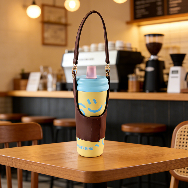 Suport pentru pahar cu pai de sticlă, husă portabilă din piele pentru ceai/cafea și husă pentru sticlă de apă cu mâner din piele și Velcro