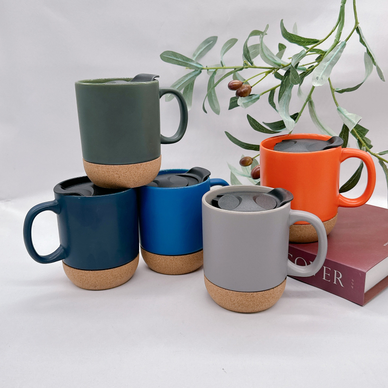 Căniță ceramică cu bază de plută și capac, potrivită pentru transfer termic, cană DIY simplă cu suport din lemn, finisaj mat, rezistentă la temperaturi înalte