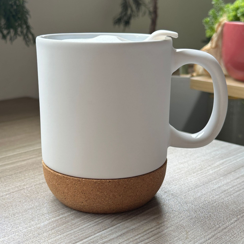Căniță ceramică cu bază de plută și capac, potrivită pentru transfer termic, cană DIY simplă cu suport din lemn, finisaj mat, rezistentă la temperaturi înalte
