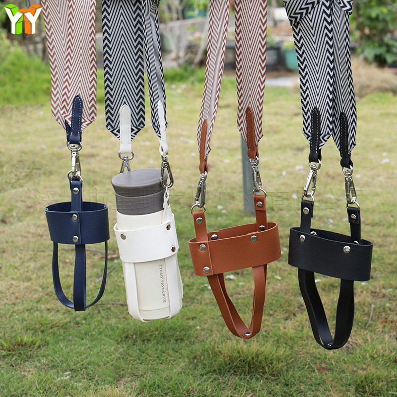 Husă pentru pahar din piele PU cu curea țesută, izolare portabilă pentru pahare din oțel inoxidabil, crossbody