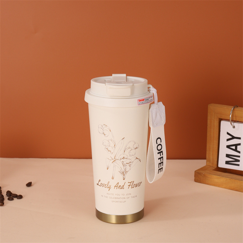 Cană izolată din oțel inoxidabil 304, cu curea de purtare – cană de cafea portabilă pentru birou și mașină