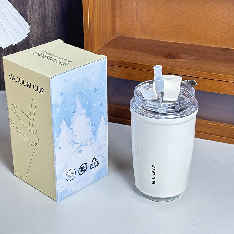 Cană termoizolată din oțel inoxidabil 316 cu pai – interior 316, exterior 304, pentru cafea la birou