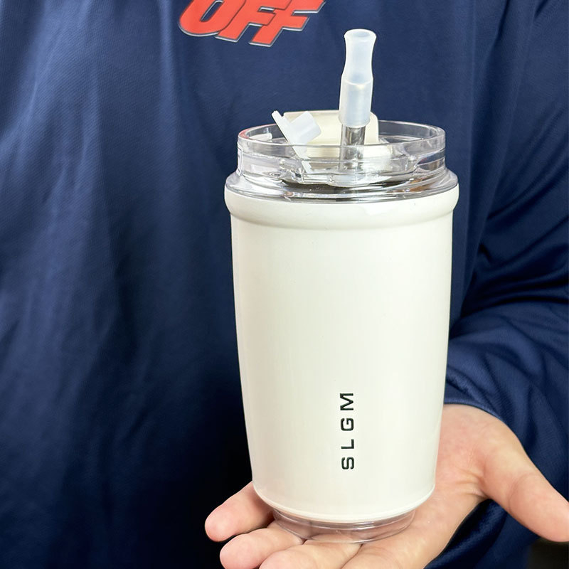 Cană termoizolată din oțel inoxidabil 316 cu pai – interior 316, exterior 304, pentru cafea la birou