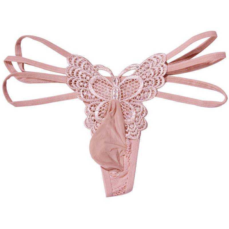 Muški čipkasti G-string set s otvorom u obliku leptira, plus veličina, niski pojas, tanke naramenice, pamuk podstava