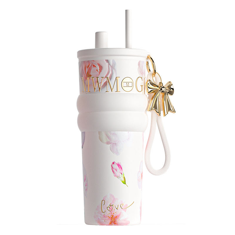 Cană termos izolată cu design floral pentru femei, capacitate mare, cu pai, interior ceramic, cadou de ziua și Festivalul Lunii