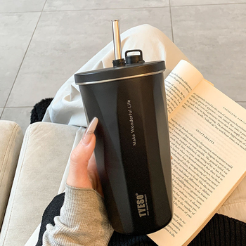 Cană termoizolantă din oțel inox cu pai, design simplu, model nou 2025, pentru cafea la drum, pentru elevi