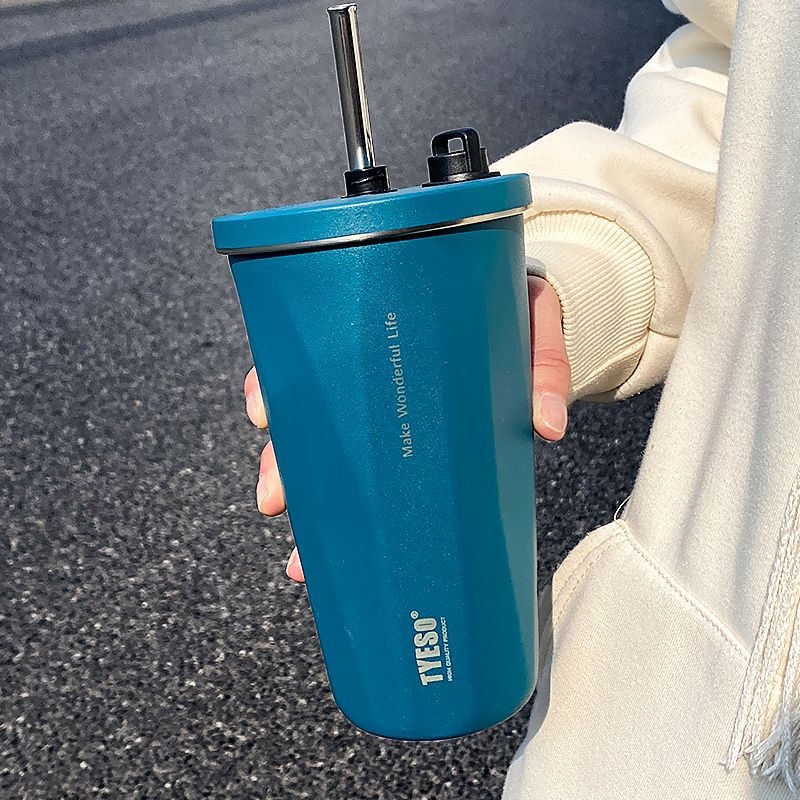 Cană termoizolantă din oțel inox cu pai, design simplu, model nou 2025, pentru cafea la drum, pentru elevi